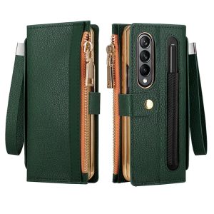 For Samsung Galaxy Z Fold 7 6 5 4 3 8 Leather Wallet Case Card Slot Zipper Flip Cover With S Pen Slot Screen Protector Wristband
