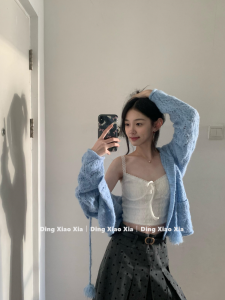 Áo Len Cardigan Dệt Kim Mềm Màu Xanh Lam Cho Nữ Mùa Thu Dáng Rộng Dài Tay Ngắn Thanh Lịch Áo Khoác Ngoài Thường Ngày