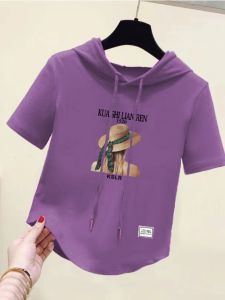 Pure Cotton Fashion Hooded Short Sleeve T-Shirt Womens Summer New Arrival Loose Slim Looking Plus Size Womens Casual Print Sweatshirt