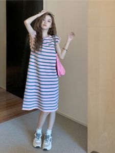 Korean Style Loose Striped Midi Dress Womens Summer 2025 Slimming Vest Dress Color Block Casual Elegant Fashionable