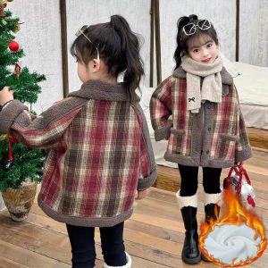 Plush Velvet Girls Jackets Plaid Kids Thickened Winter Coats Lamb Fur Turn-down Collar Outerwear Children Fleece-lined Clothes