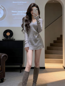 SENWA | French Elegance Gray V-Neck Knitted Dress for Autumn and Winter
