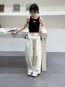 Cargo Pants for 7-16yrs Girls Kids Summer Outfit Lace Bow Decorate Baggy Pants Loose Trousers High Waist Childrens Wide Leg Pants