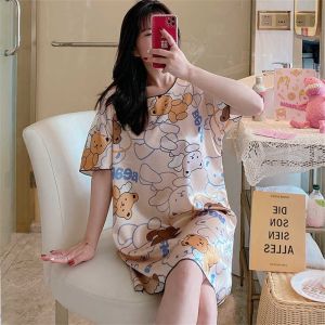 Summer Thin Ice Silk Short Sleeve Midi Dress Womens Sleepwear Cute Cartoon Print Comfortable Home Clothes Lightweight Polyester