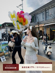 Sweet Attack Color Block Design Bead Handmade Slim Fit Top Korean Style Pure Color Long Sleeve U Neck Spring Fashion Ladies Tshirt