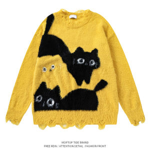 Vintage American College Style Knitted Sweater Cute Cat Couple Fun Leisure Fashion Men Women Long Sleeve round Neck Sweater