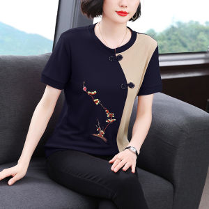 Short Sleeve T-Shirt Womens Summer Wear New Arrival Chinese Style Embroidery Retro Small Shirt Middle-Aged Ladieswear Western Style Youthful-Looking Color Matching T-shirt