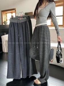 High Waist Drawstring Casual Pants Womens 2025 Autumn New Loose Walking Pants Wide Leg Floor-Length Pants Stripe Pattern