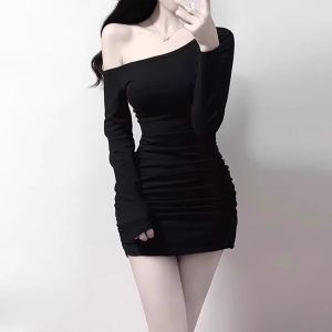 YUANJIAREN | Spring Autumn Winter Short Women Lightly Mature Slim Shoulder Black Dress