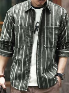 Mens Long Sleeve Shirt Vintage American Stripes Work Commute Office Breathable Polyester Loose Fit Youth Trend Autumn