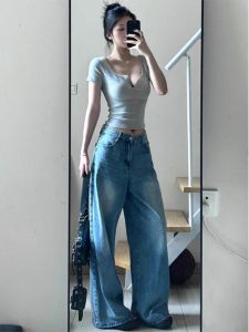 Gray Spicy Girl U-Neck Short Sleeve Knitted T-Shirt Women Summer Short Pure Desire BM Small Size Slim Fit Belly Button Top