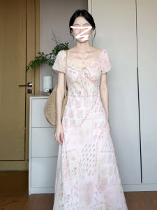 LIRENQING | Resort Style Pink Floral Long Dress Waist Cinching