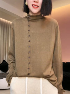 QINGNAER | European Vintage Fashion Oversized Camel Color Asymmetric Button Turtleneck Knitwear
