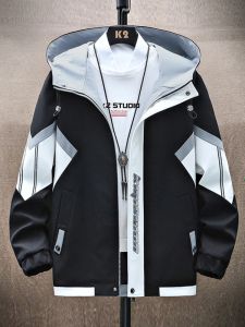 ROMON | Romon Mens Jacket Spring Autumn Loose Casual Printed Hooded Workwear Outdoor Windproof Fleece Lined Zipper Closure Standard Fit