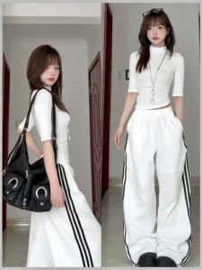 Quần Thể Thao Kẻ Sọc Màu Trắng Và Xám Cạp Cao Cho Nữ Mùa Thu 2025 Quần Ống Rộng Dáng Rộng Thoải Mái Phong Cách Mỹ