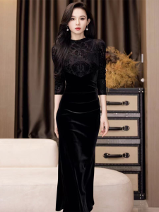 French Hepburn Style Classy Black Velvet Dress Womens Winter Christmas Party Dress Fancy Inner Dress