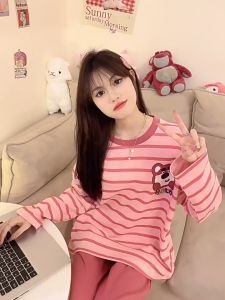 ชุดนอนผ้ายืดแขน คอกลมลายการ์ตูน พร้อมส่ง 017