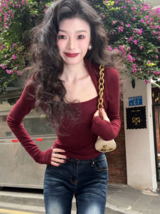 YUEZHONGWEI | Elegant Slim Fitting Red T-Shirt French Square Collar