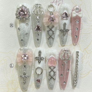 Y2K Japanese Jirai Pink Long Tip Handmade Press On Nails 3D Bow Crown Cross Gyaru Kei Nail Art Kawaii Cute Glitter Fake Nails