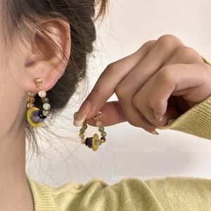 SRRMHYN Chinese Style Color Block Crystal Beaded Earrings Womens Retro Versatile Jewelry Creative Gift Design Toy