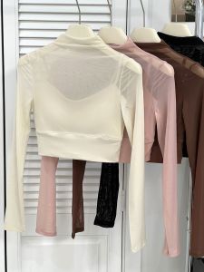 เสื้อโยคะผ้าตาข่ายเซ็กซี่สำหรับผู้หญิง ชุดโยคะพร้อมแผ่นเสริมหน้าอกแบบถุงน่อง แขนยาว ชุดโยคะแบบสวมหัว ชุดโยคะแบบสวมหัว