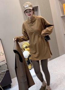 European Style Long Sleeve Pure Cotton T-Shirt Womens Loose round Neck Mid-Length Open Split Top for Autumn Street Style