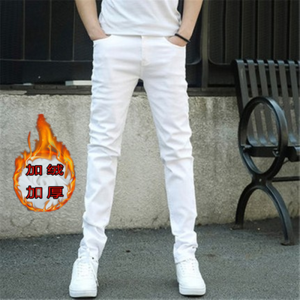 Autumn White Denim Mens Loose Elastic Straight Pants Mens Young and Middle-Aged Winter Fleece-lined Thick Casual Trousers