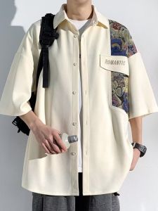 Summer Mens Loose Casual Short Sleeve Embroidered Shirt Outerwear Breathable Youth Trend Brand Patchwork Fashionable Top