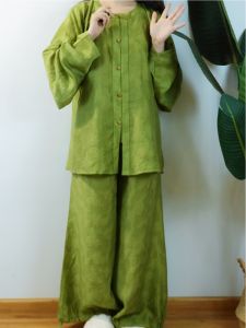 2023 New Cloud Series Half Maple Leaf Lyocell Casual round Neck Short Shirt Wide Leg Pants Home Hanfu Womens Set