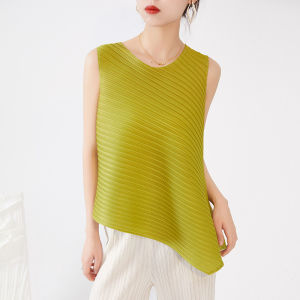 Casual Loose Womens Sleeveless T-shirt round Neck Design Fashionable Outerwear Summer Thin Polyester Pure Color Straight Cut