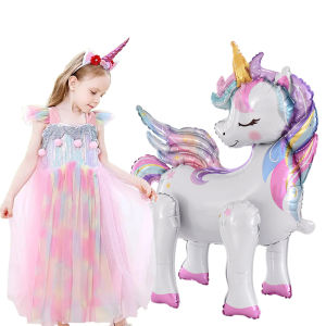 1 PC 4D Rainbow Unicorn ฟอยล์บอลลูนสําหรับสาวยูนิคอร์นวันเกิดตกแต่งเด็กป่าวันเกิดช้างสัตว์ยืนบอลลูน