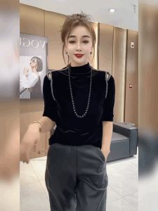 French Style Short Sleeve Velvet T-Shirt Shoulder Bared Half High Collar Slim Fit Black Base Shirt Versatile Ladies Top