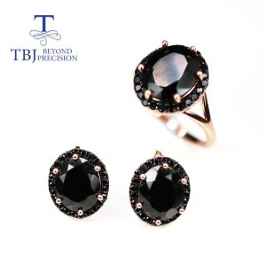 Natural Black Spinel Jewelry Set oval cut 10*12mm 18.6ct real black gemstone clasp earring ring 925 sterling silver for women