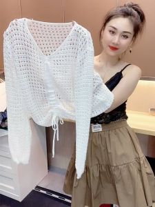 Hollow Knitted Ice Silk Drawstring Thin Long Sleeve Womens Top Korean Style Loose Fit V-neck Pullover Fashionable Autumn Outerwear