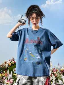 American Retro Washed Out Dog Pattern Graffiti Letter Short Sleeve T-shirt