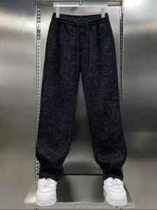 Mens Winter Fleece Lined Knitted Casual Pants Straight Leg Wide Leg Luxury Light Fashion Trend High Waist Elastic Waistband