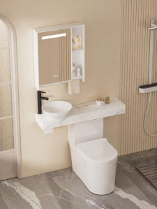NIUNAISI | Integrated Toilet and Sink Basin Bathroom Cabinet Set Rock Panel