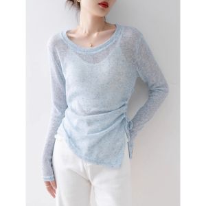 เสื้อยืดคอกลมแขนยาวป้องกันแสงแดดสำหรับผู้หญิง สไตล์เกาหลี ทรงหลวม สีสันสดใส แขนยาว ปกโปโล สวมใส่สบาย โพลีเอสเตอร์