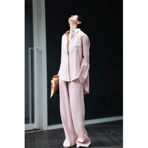 High-End Pink Linen Set Women Summer Anti-Aging Fashionable Thin Sunscreen Shirt Wide Leg Pants Loose Feel Two-Piece Set