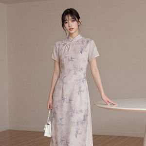 Đầm Kiểu Cheongsam In Tre Màu Tím Nhạt Vintage