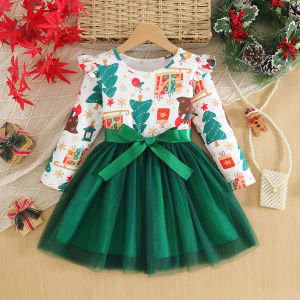 Christmas Theme Polka Dot Dress with Bow Design Korean Style Long Sleeve Polo Skirt for Girls Autumn Season Cotton Polyester Blend