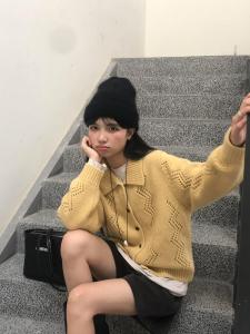 Korean Style Knitted Open Cardigan Women Loose Comfortable Hollow out Contrast Color Lapin Collar Sweater Jacket Casual Trendy