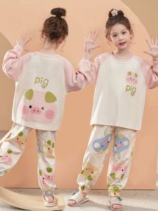 Pure Cotton Family Matching Long Sleeve Childrens Pajamas Cartoon Print Home Clothes for Girls Spring Autumn Baby Outfit