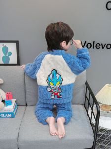 Ultraman Boys Pajamas Coral Fleece Autumn and Winter Baby Cardigan Suit Boys Flannel Winter Childrens Loungewear