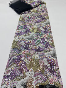 Fashion Gauze Cloth Retro Colored Beads Landscape Painting Pattern Sequin Embroidery Fabrics Dress and Cheongsam Dress