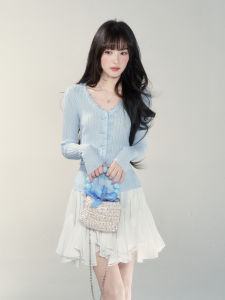 YIKEXIAOYEMEI | Áo Blouse Len V-neck Xanh Thời Trang Dành Cho Phụ Nữ