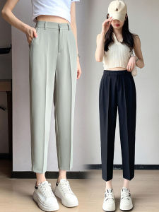 Ice Silk Straight Leg Casual Pants Womens Summer Thin New Nine Points High Waist Polyester Fiber Commute Style Pocket Detail