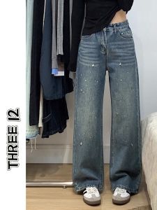 กางเกงยีนส์ทรงตรงสไตล์อเมริกันย้อนยุคสำหรับผู้หญิง กางเกงขายาวทรงหลวมเอวสูง ดีไซน์ใหม่ในช่วงฤดูร้อน ดีเทลประดับเพชร