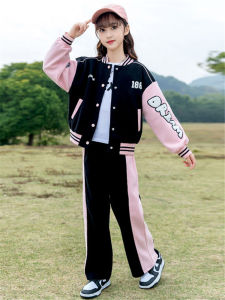 ชุดกีฬาฤดูใบไม้ร่วงสำหรับเด็กผู้หญิง ชุดฤดูใบไม้ผลิและฤดูใบไม้ร่วง เสื้อคลุมกันหนาว แฟชั่นเด็กผู้หญิง วัยโต ชุดสองชิ้น ชุดกันหนาว