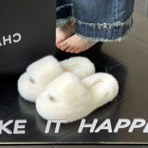 รองเท้าแตะผู้หญิง 2025 รองเท้าแตะขนนุ่มใหม่ รองเท้าแตะสำหรับใส่ในบ้านและกลางแจ้ง รองเท้าแตะผ้าฝ้ายสีขาว รองเท้าแตะทรงหนา รองเท้าแตะแฟชั่น